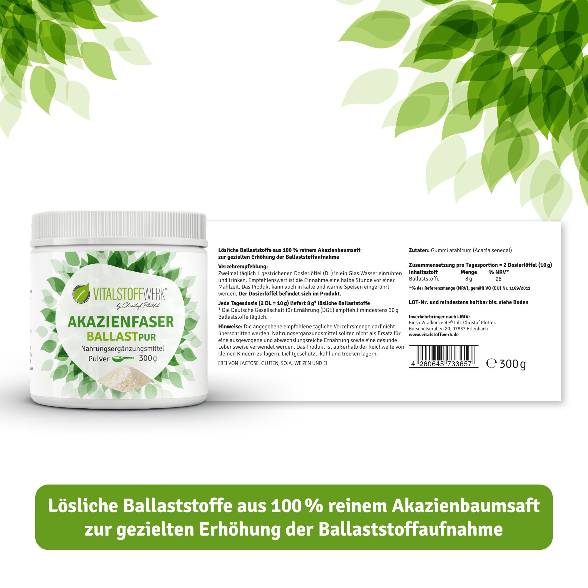 Akazienfaser_Pulver_300g_Vitalstoffwerk_Etikett, Kräuterig, Kräuter, Werbung, Plakat, Blatt