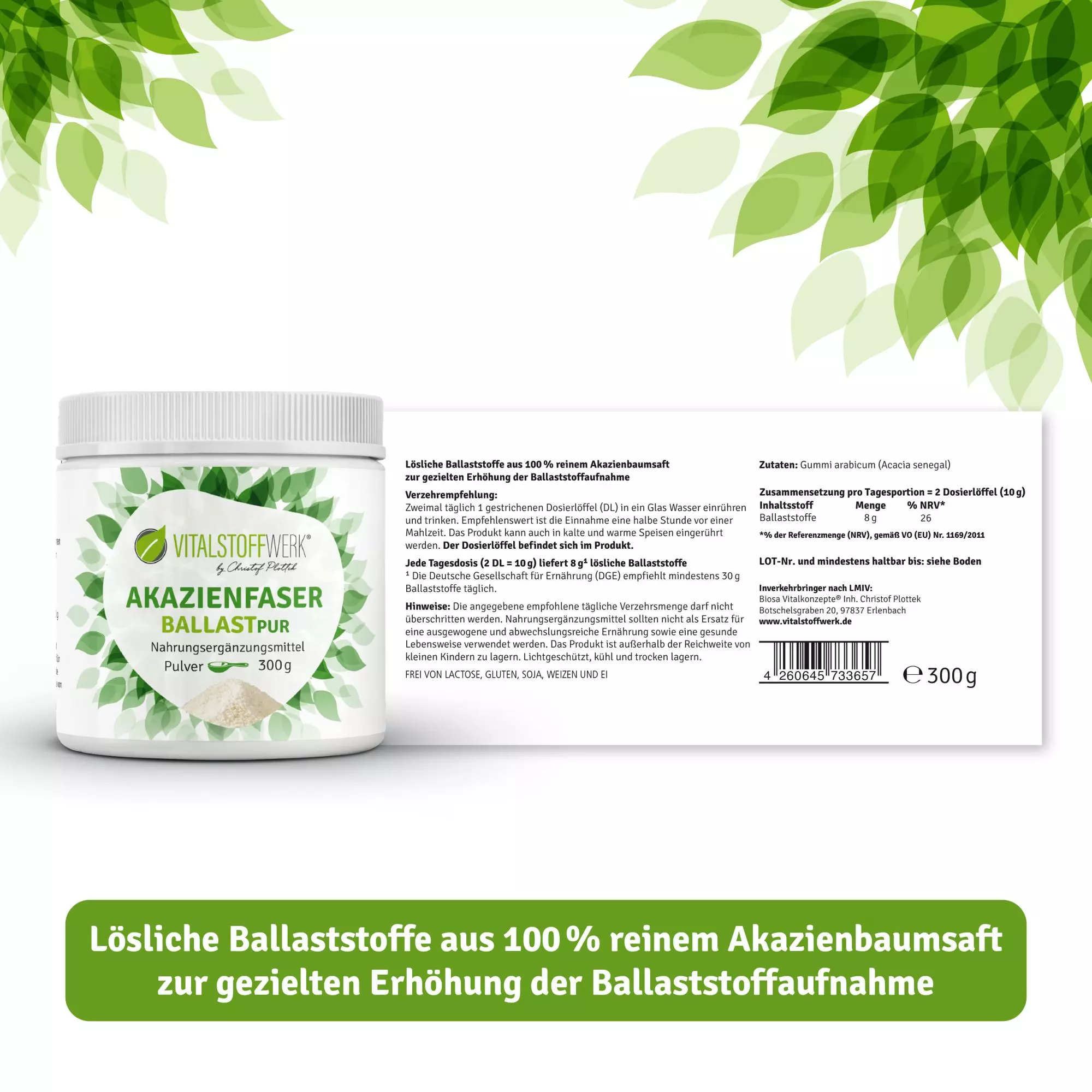 Akazienfaser_Pulver_300g_Vitalstoffwerk_Etikett Akazienfaser_Pulver_300g_Vitalstoffwerk_Etikett, Kräuterig, Kräuter, Werbung, Plakat, Blatt