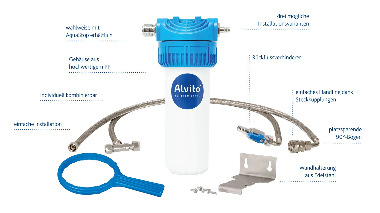 Wasserfilter, Kaltwasserfilter, PP-Gehäuse, Flexschlauch, Montageset