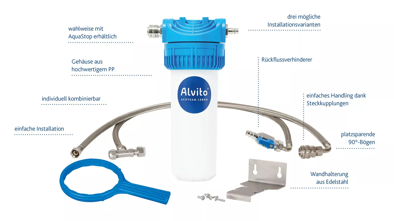 Alvito Einbau-Wasserfilter Modul Safe Wasserfilter, Kaltwasserfilter, PP-Gehäuse, Flexschlauch, Montageset
