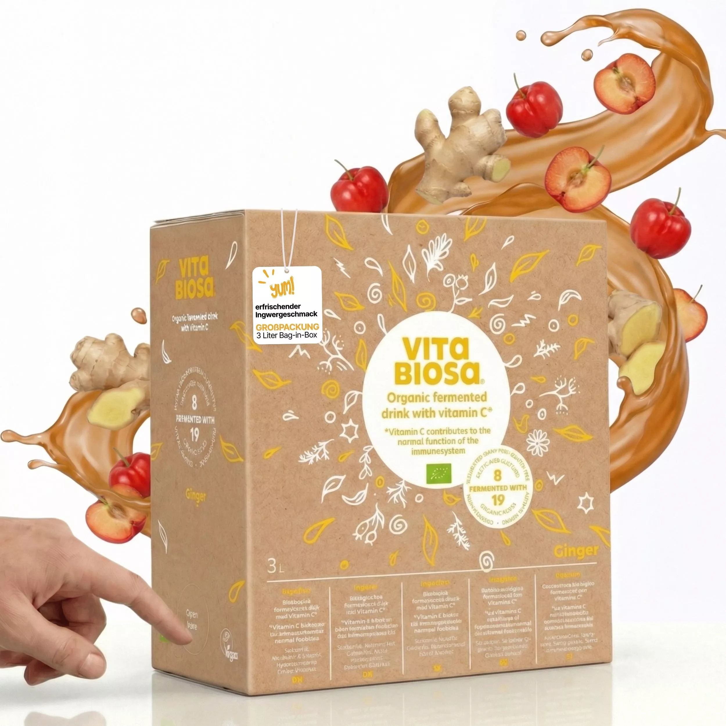 Vita_Biosa_Ingwer_mit_Vitamin-C_3L_Bag-in-Box_Milchsaeurebakterien_kaufen_front, Ingwer, Bio-Getränk, Ingwertrank, Verpackung in Box, Vitamin-C