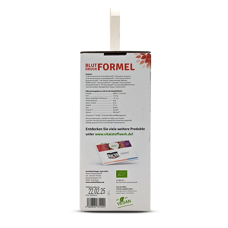 Verpackung, Nährwertangaben, Vegan, Saft, Blutdruck FormeL