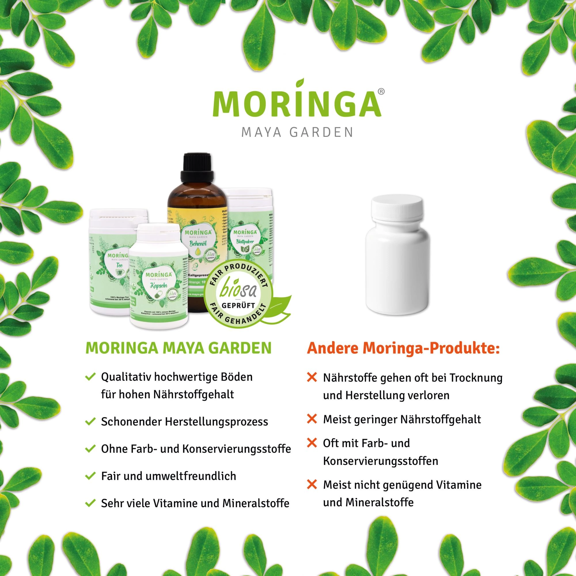 Moringa, Maya Garden, Nahrungsergänzung, Kapseln, Fläschchen, moringa, moringa garten, ergänzungsmittel, flasche, etiketten