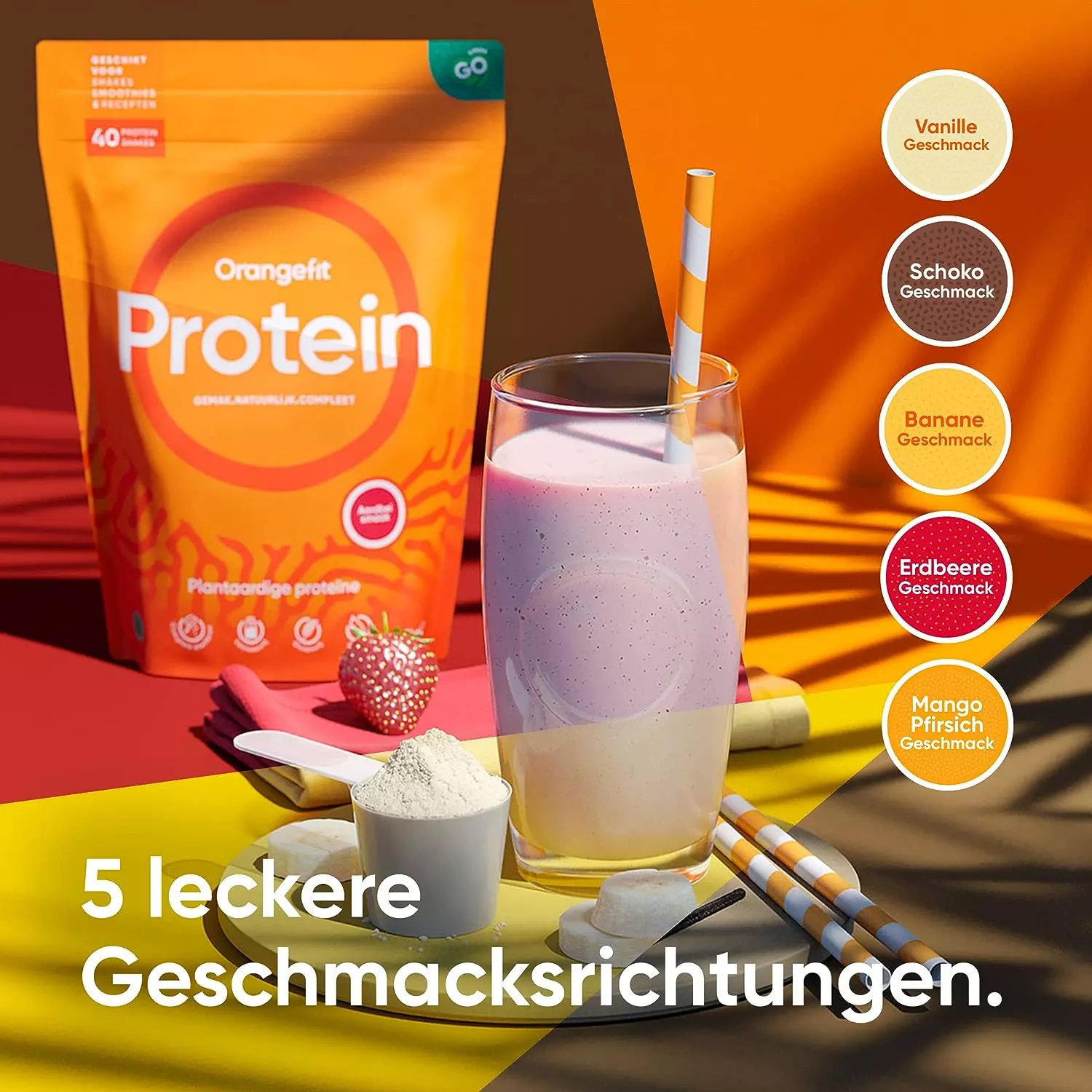 Orangefit Protein-Shake in fünf verschiedenen Geschmacksrichtungen