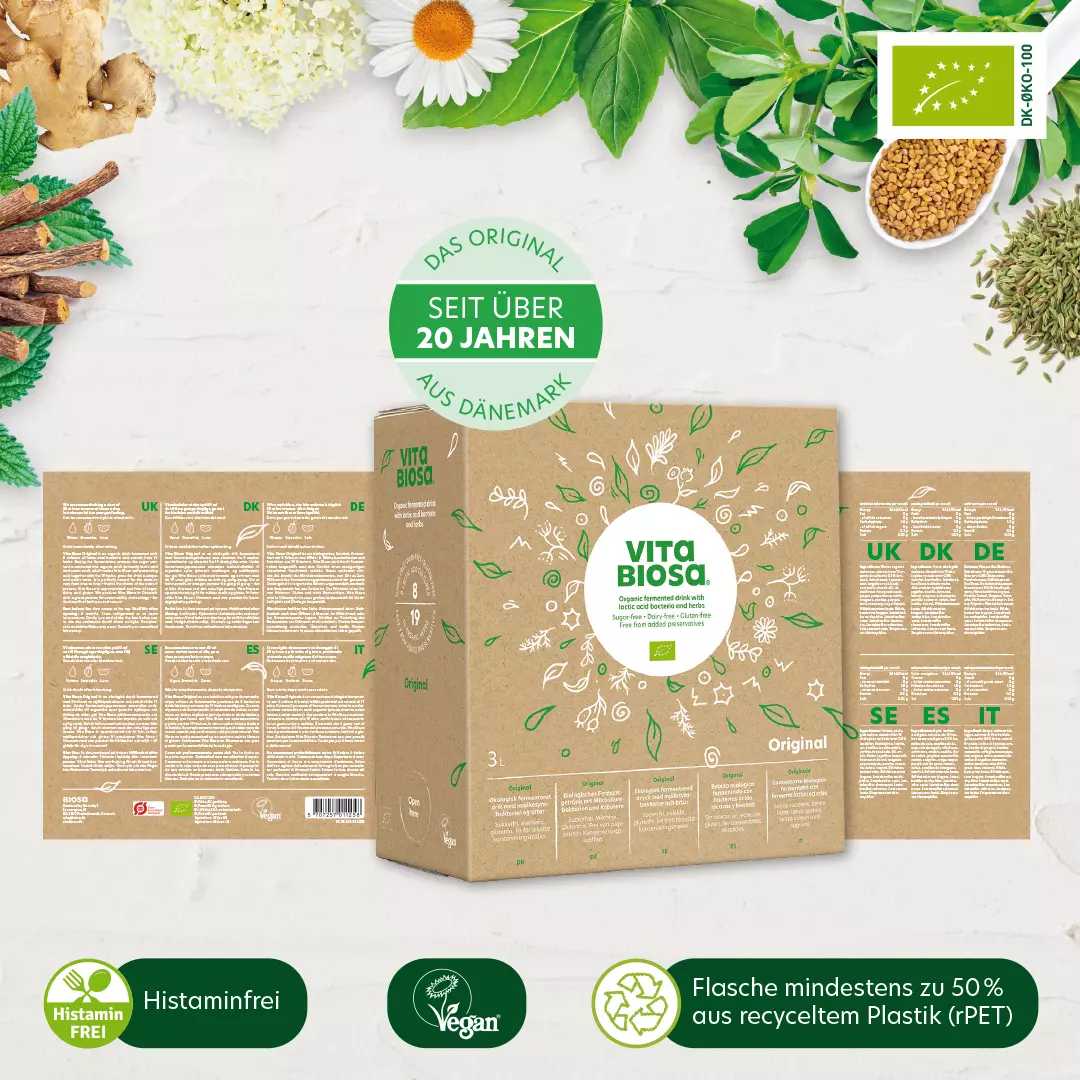 Vita Biosa Original 3L Bag-in-Box Milchsäurebakterien kaufen Etikett, organischer trink, bio verpackung, 3L karton, Kräuterzutaten, umweltfreundlich