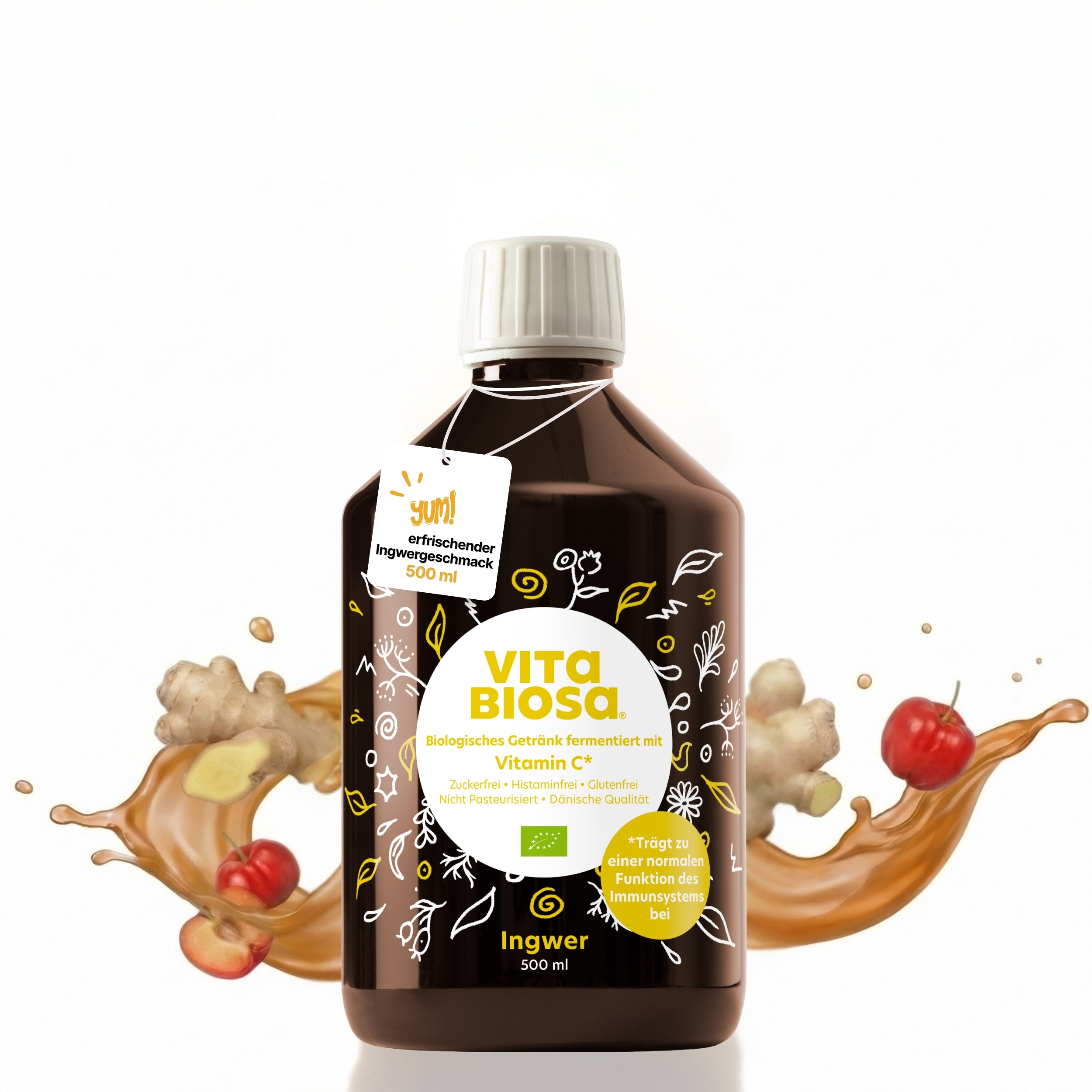 Vita Biosa Ingwer 500ml Milchsaeurebakterien kaufen front, Ingwertee, Vitality-Drink, 500 ml, Biologisch, Vitamin C