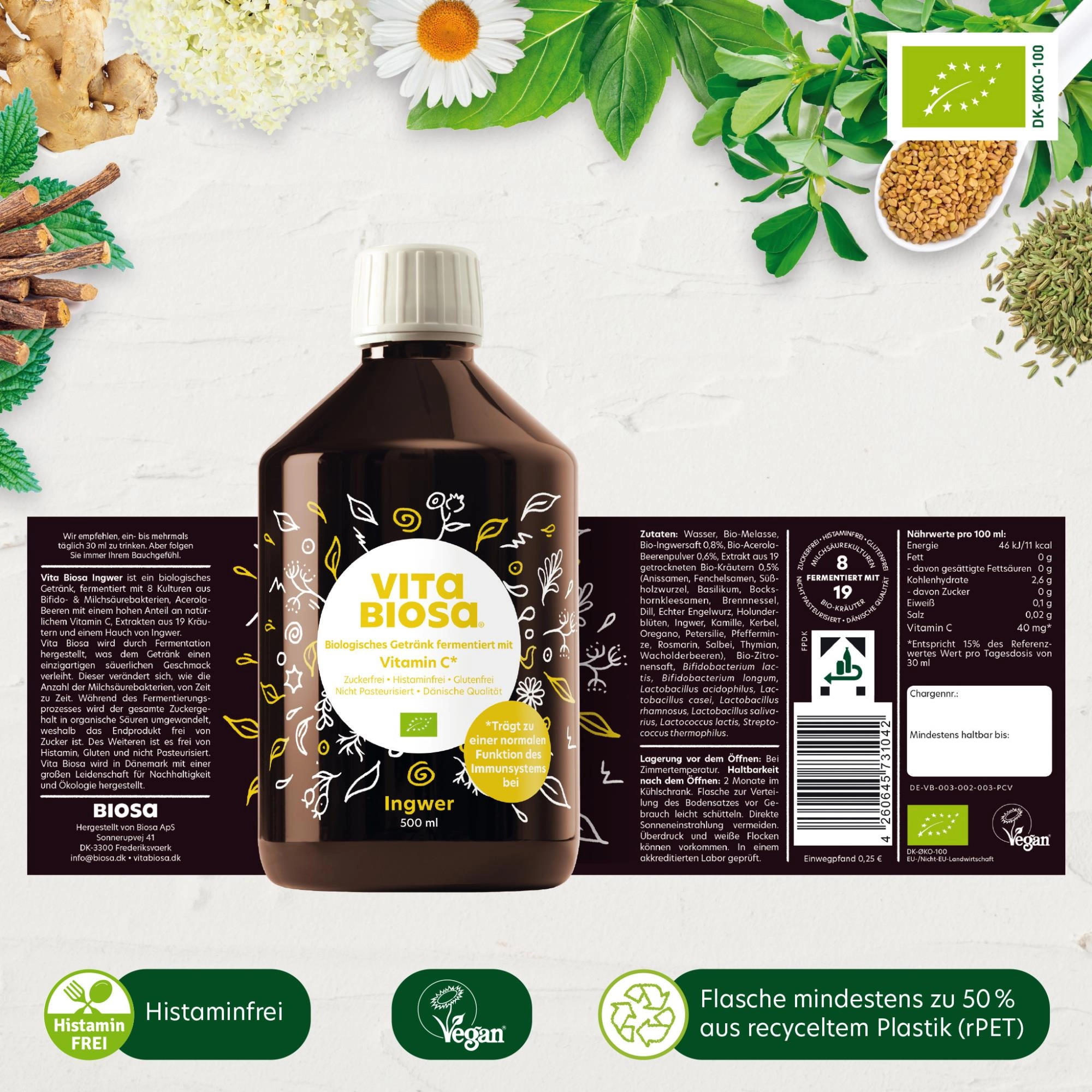 bio, Vitamin C, Sirup, Flasche, Ingwer, Kräuter, Vitamine C, Sirup, Biologischer Saft, 500 ml, Bio-Plastik