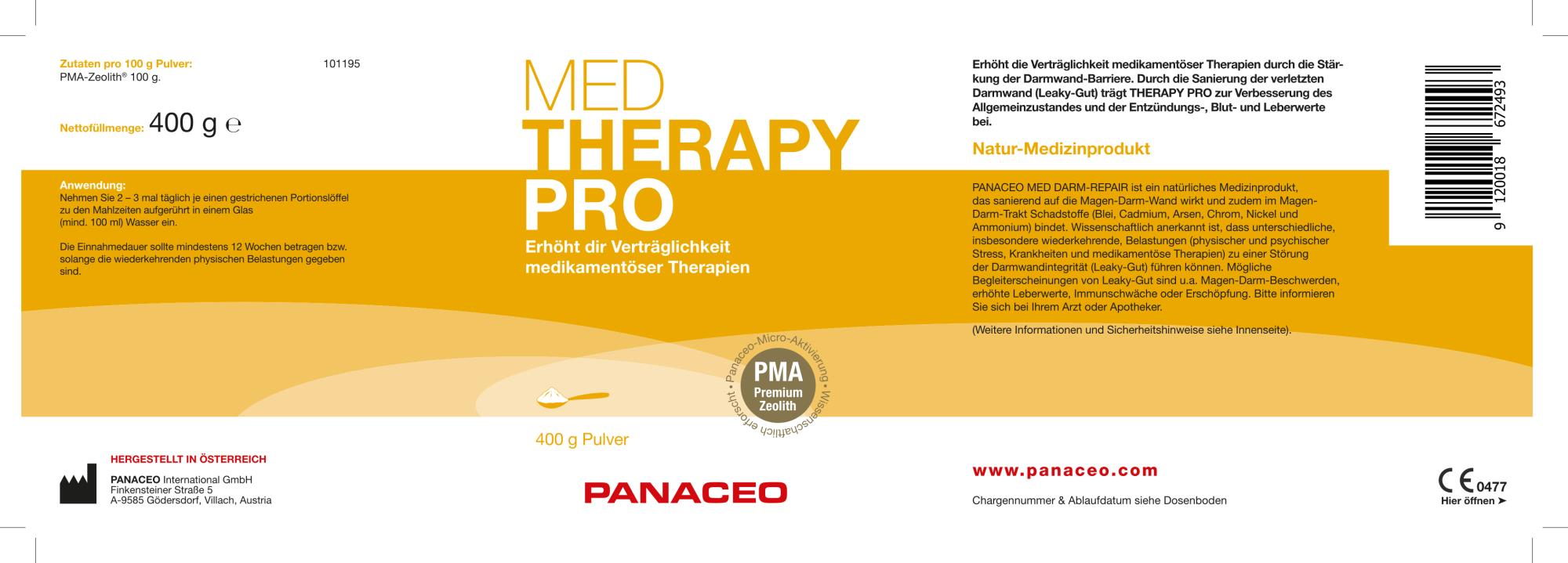 Zeolith_Pulver_kaufen_Panaceo_MED-THERAPY-PRO_Pulver_400g_Etikett_Seite1