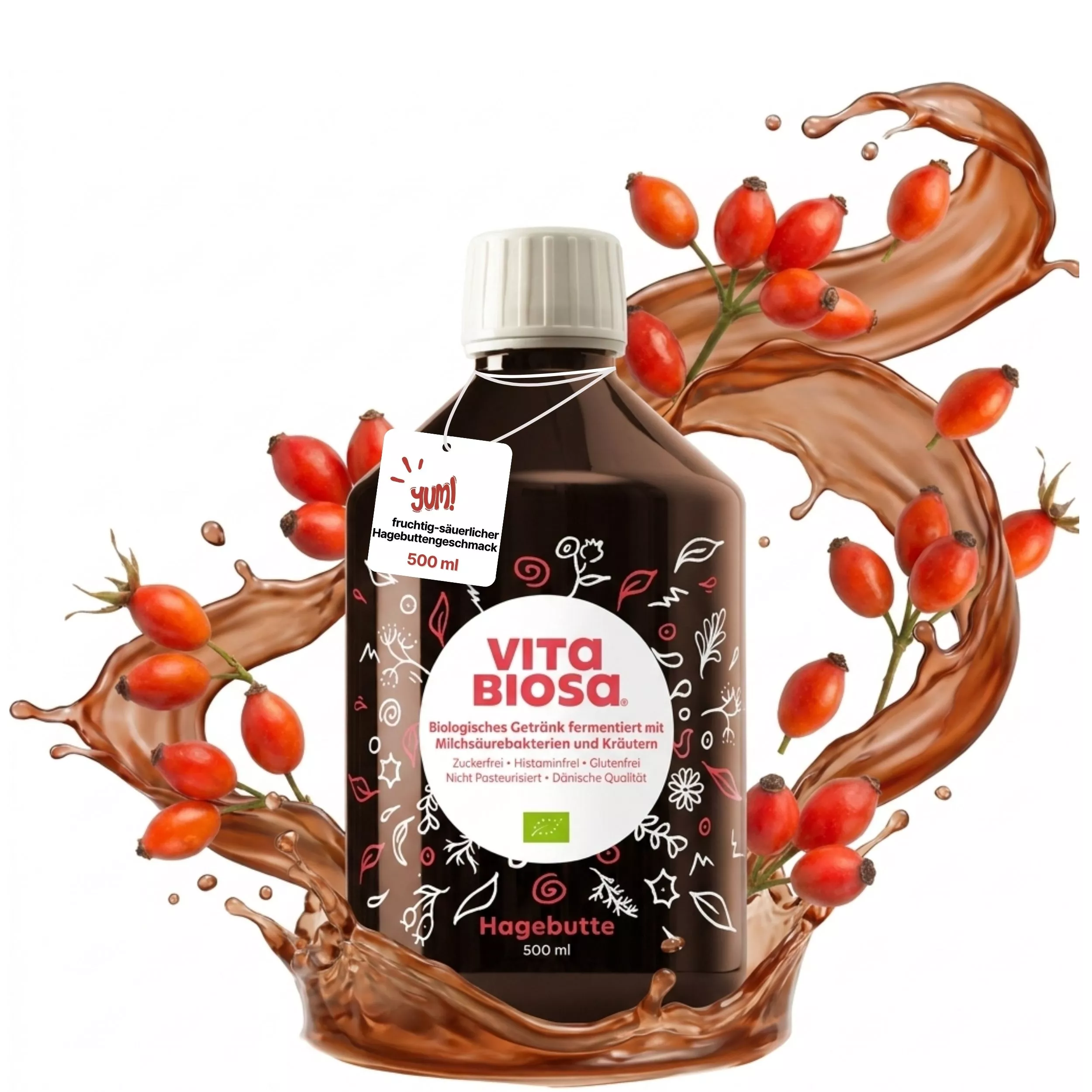 Vita-Biosa-Hagebutte_500ml_ Milchsaeurebakterien_kaufen_front, Hagebutter, Hagebutte, Fruchtsaft, Bio-Getränk, 500 ml