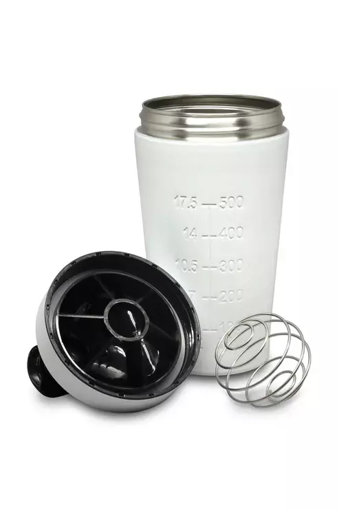 amino4u-shaker-Metallbecher_offen, Mixer-Behälter, Shaker, Trinkflasche, Messskala, Stählerner Deckel