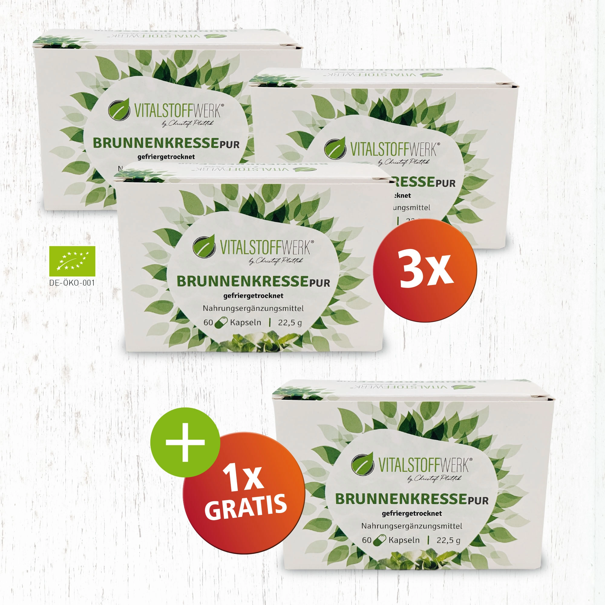 Brunnenkresse_Kapseln_3+1_kaufen_front, Kapseln, Nahrungsergänzung, Brunnenkresse, gefroren, Pur, kapseln, vitamin, brunnenkresse, nahrungsergänzungsmittel, pur