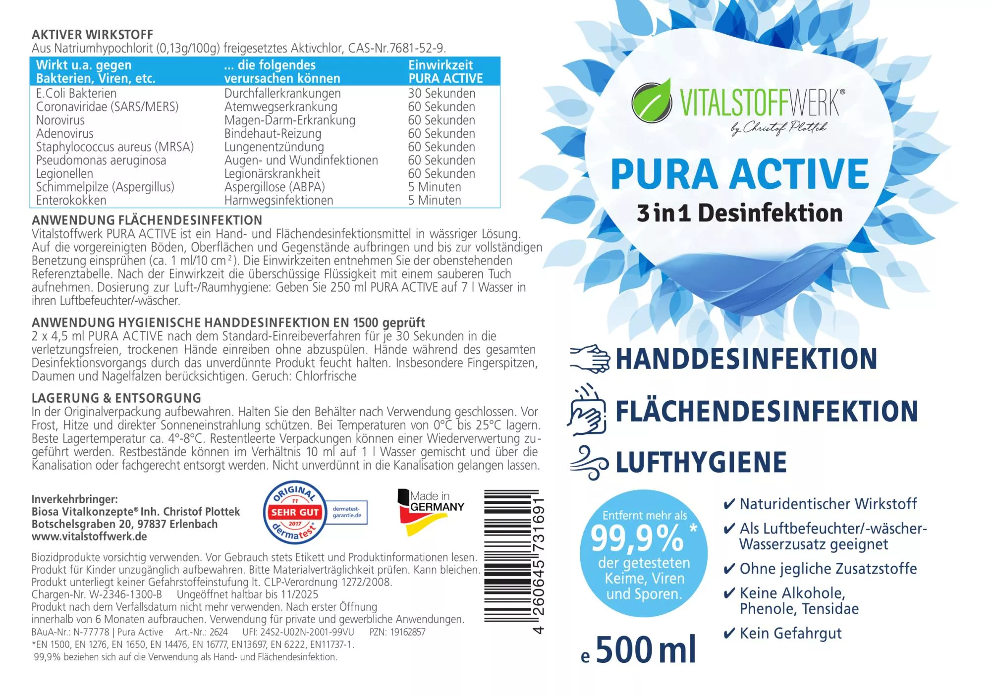 Händedesinfektion kaufen Flächendesinfektion Pura Active Etikett Vitalstoffwerk Händedesinfektion kaufen Flächendesinfektion Pura Active Etikett Vitalstoffwerk