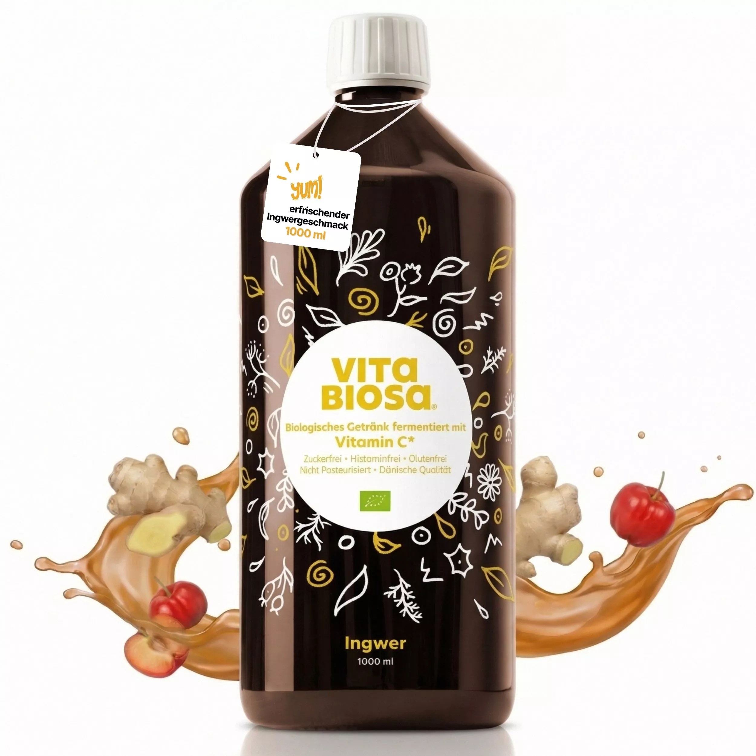 Vita_Biosa_Ingwer_mit_Vitamin-C_1L_Bag-in-Box_Milchsaeurebakterien_kaufen_front, Ingwergetränk, Biologisches Getränk, Vitamin C, 1000 ml, Flasche