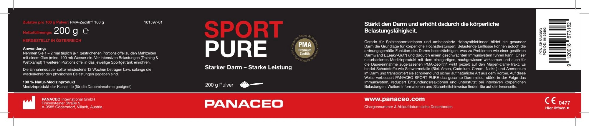 Panaceo_Etikett_Sport_Pure_200g_Zeolith_Pulver_kaufen_Seite1, sport, darm, pulver, 200 g, panaceo
