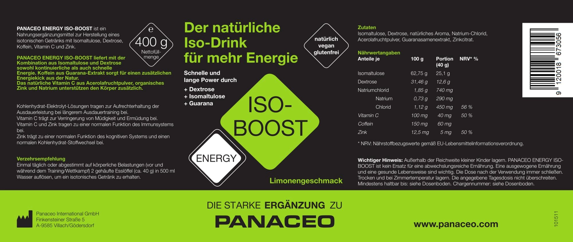 Panaceo_Energy_ISO-Boost_Pulver_400g_kaufen_Etikett, Iso-Boost, Energy-Getränk, Zitronengeschmack, Vitamin C, Dextrose