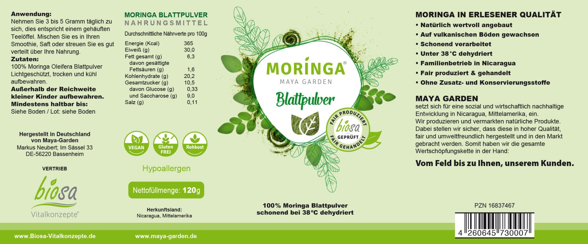 Moringa Pulver kaufen Blattpulver 120g Etikett