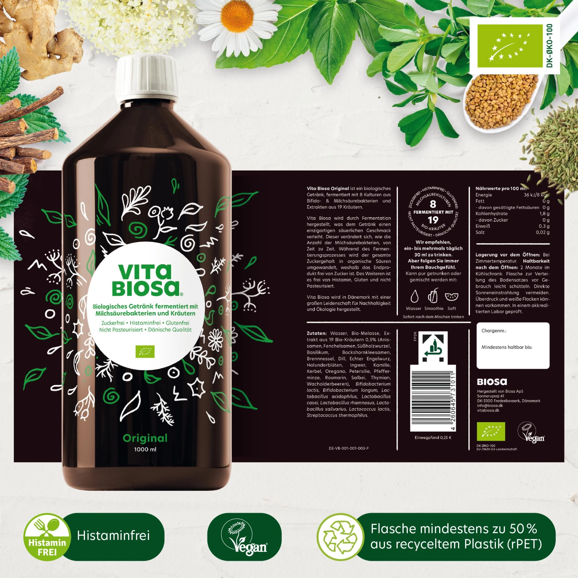 Vita Biosa Original Kräuter Ohne konservierungsstoffe Ohne Farbstoffe Ohne Zucker, Biol. Getränk, Milchsäurebakterien, Kräuter, Original, 1000 ml
