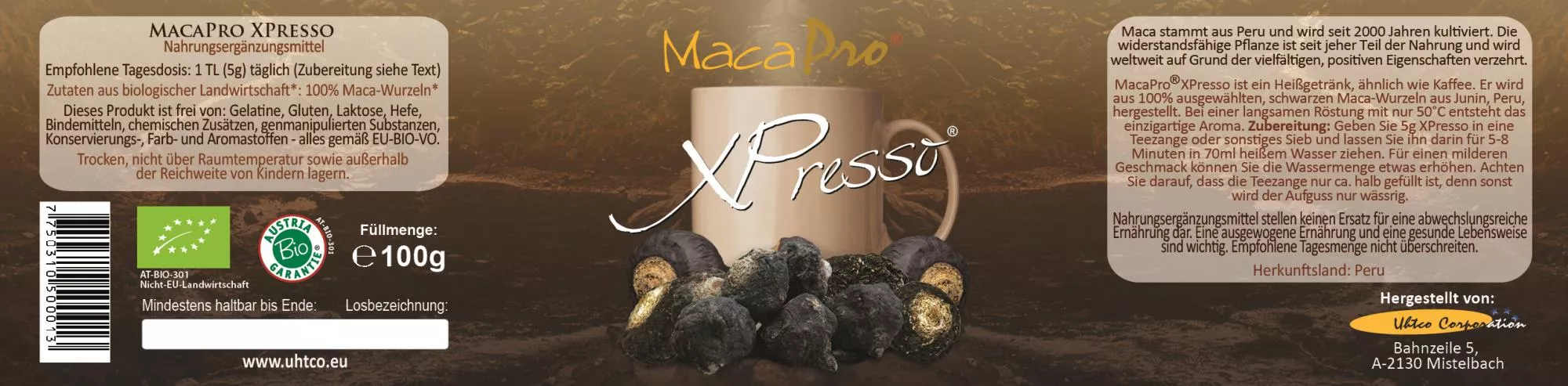 Maca_Kaffee_Pulver_kaufen_100g_Etikett