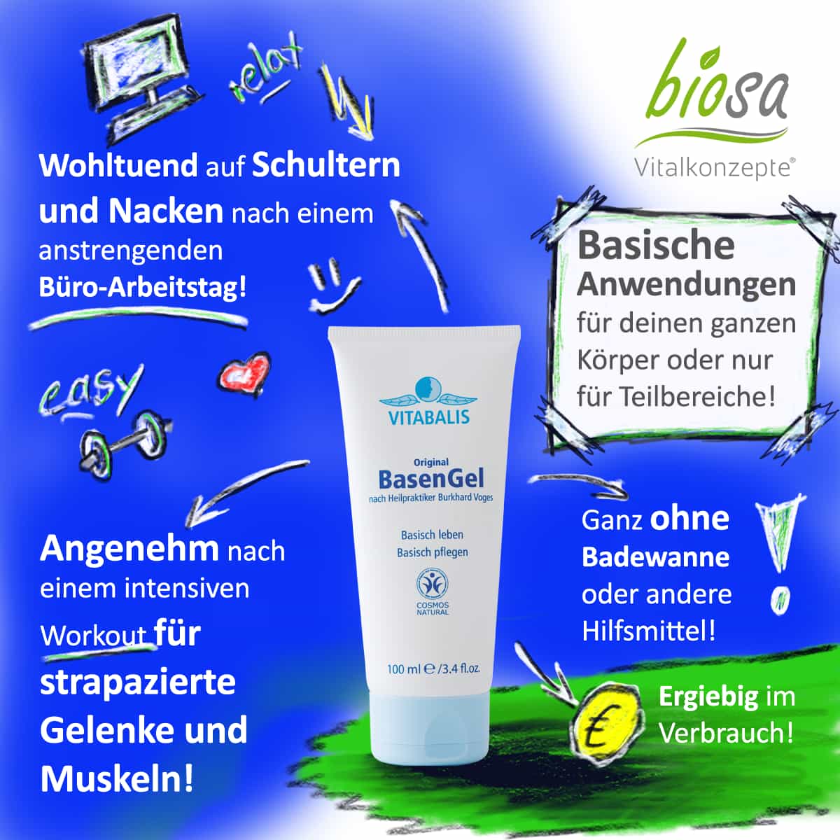 vitabalis-cosmos_natural_basengel-100ml-vorteile_bio, Werbung, Flasche, Plakat, Kosmetik, Sonnenschutz