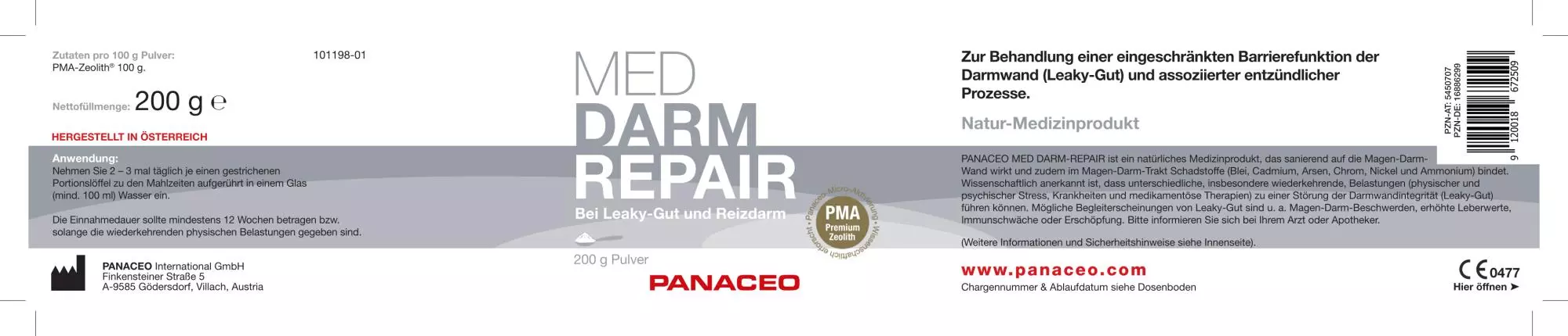 Zeolith_Pulver_Kaufen_Panaceo_MED_Darm_Repair_Pulver_200g_Etikett_Seite1
