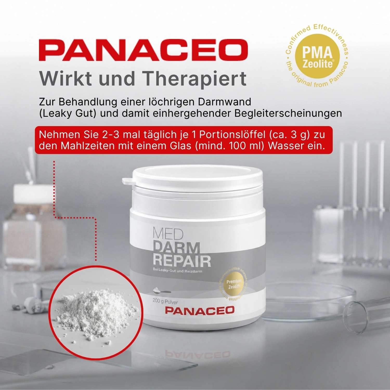 Zeolith_Pulver_Kaufen_Panaceo_MED_Darm_Repair_Pulver_200g_Etikett_Seite1, Darmcreme, Darmreparatur, Pulver, Medizinprodukt, Panaceo