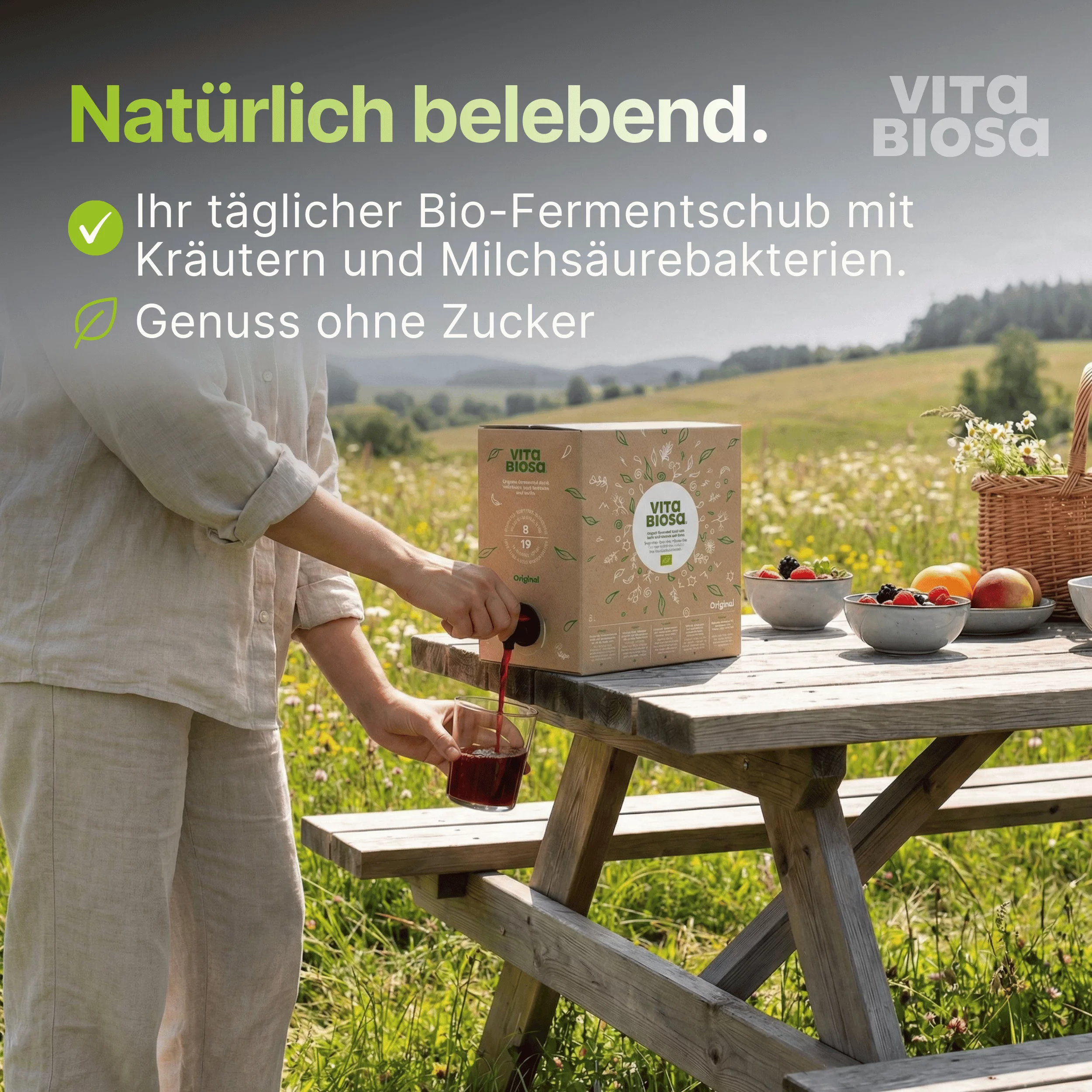Vita Biosa Original 3L Bag-in-Box Milchsaeurebakterien kaufen belebend, Bio-fermentgetränk, Fermentgetränk, Glas Flasche, Holztisch, Outdoor Picnic