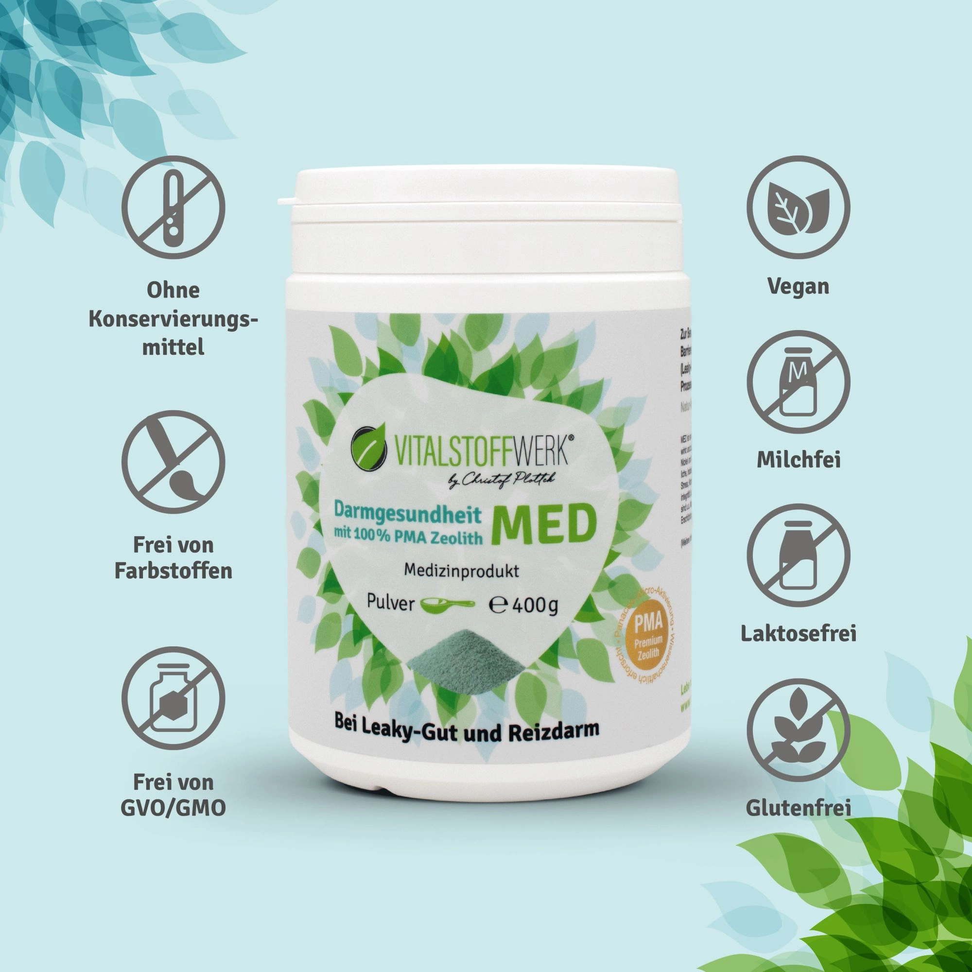 Zeolith_Pulver_kaufen_Darmgesundheit_Vitalstoffwerk_MED_400g_Vorteile, Med, Pulver, Vitalstoff, PMA Zeolith, Darmgesundheit