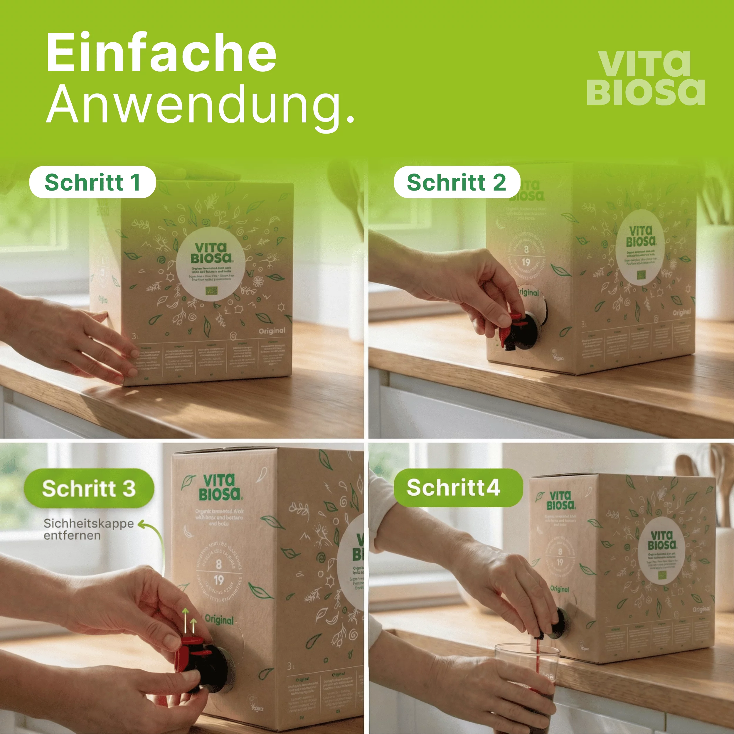 Vita Biosa Original 3L Bag-in-Box Milchsaeurebakterien kaufen Anleitung, Box, Carton, Vita Biosa, Green design, Dispenser knob