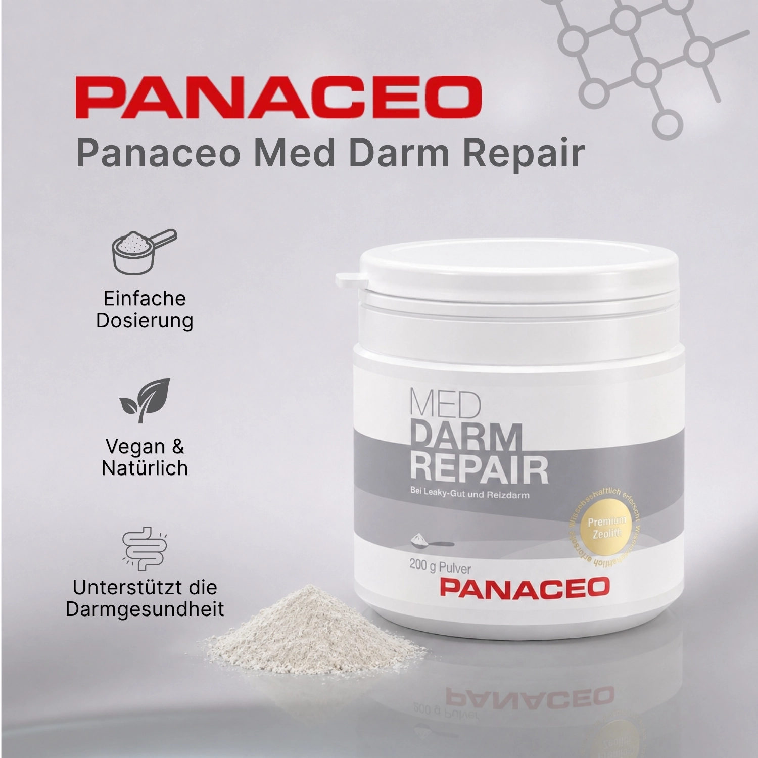 eolith_Pulver_Kaufen_Panaceo_MED_Darm_Repair_Pulver_200g_vorteile, Darmreparatur, Pulver, Vegan, Natürlich, Medizinisch
