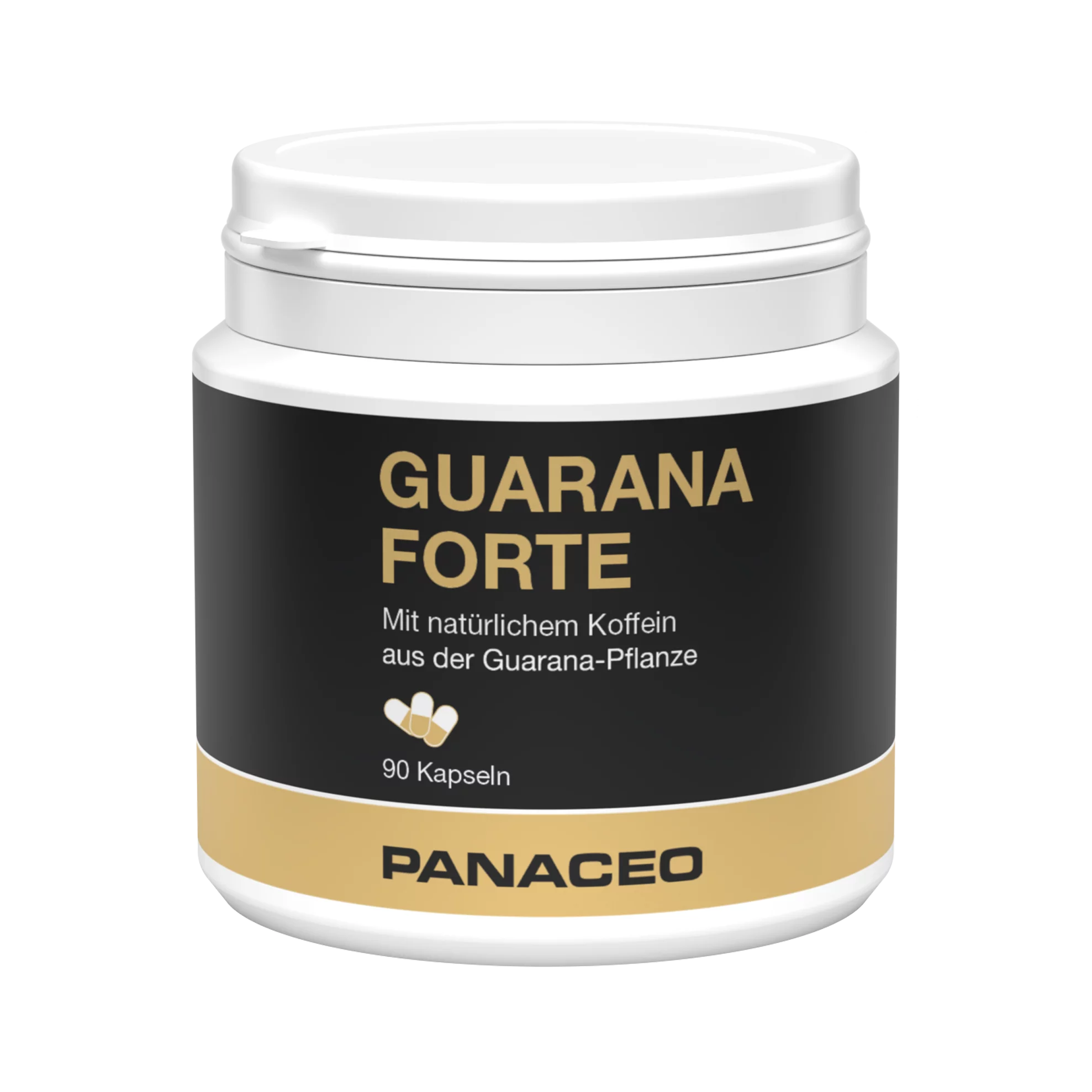 Panaceo_Guarana_Kapseln_front, Flasche, Shaker, Glas