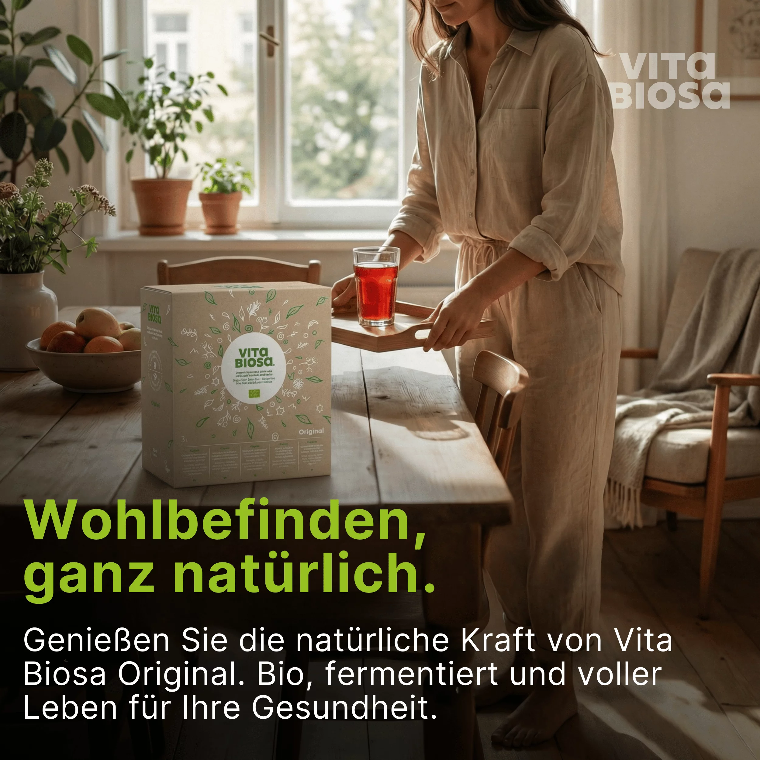 Vita Biosa Original 3L Bag-in-Box Milchsaeurebakterien kaufen Wohlbefinden, box, box packaging, getränk, glas, frau