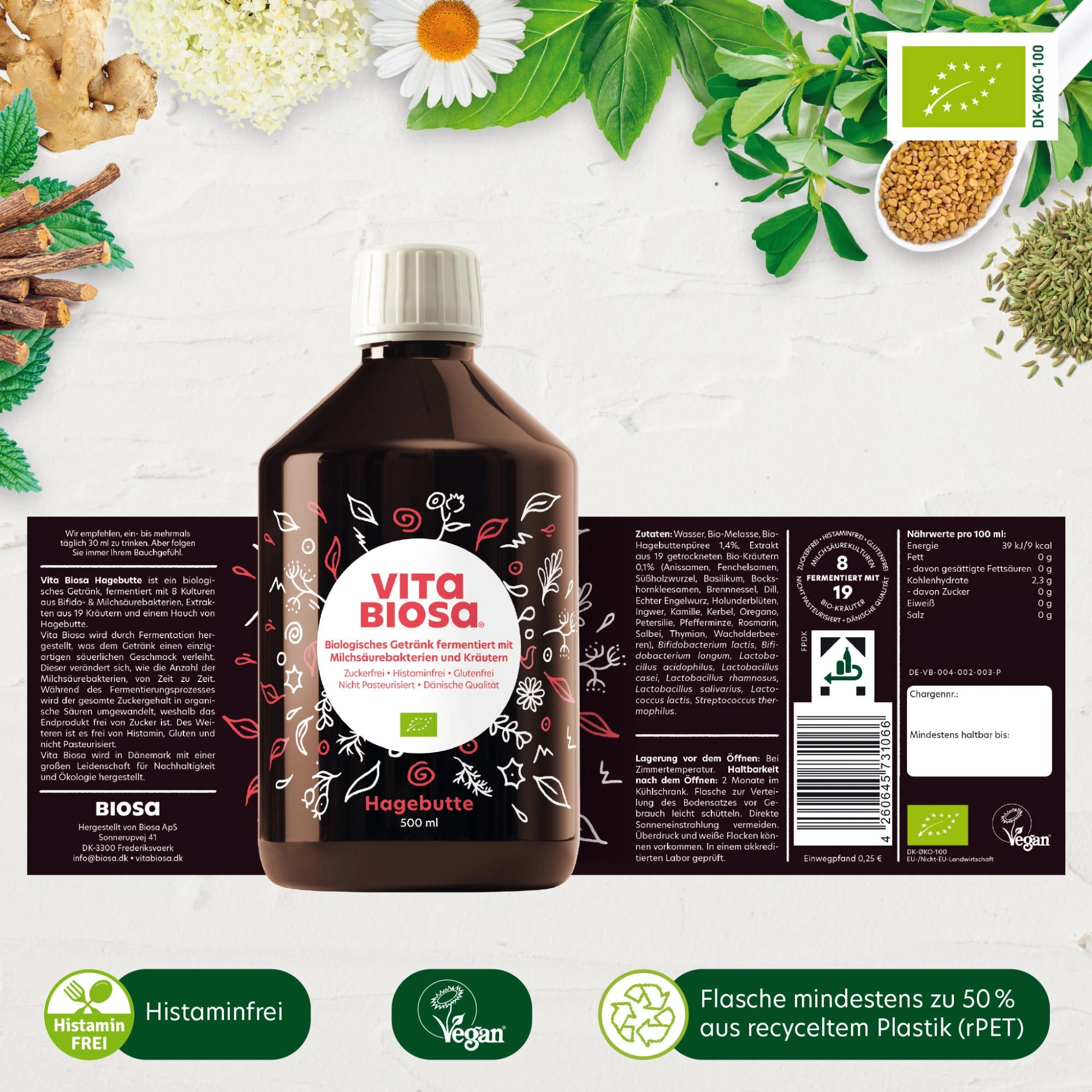 Vita Biosa Hagebutte Kräuter Zuckerfrei GLutenfrei Laktosefrei Vegan Histaminfrei Alkoholfrei, Hagebutte, Hagebuttengetränk, Biologisch, 500 ml, VitaBiosa