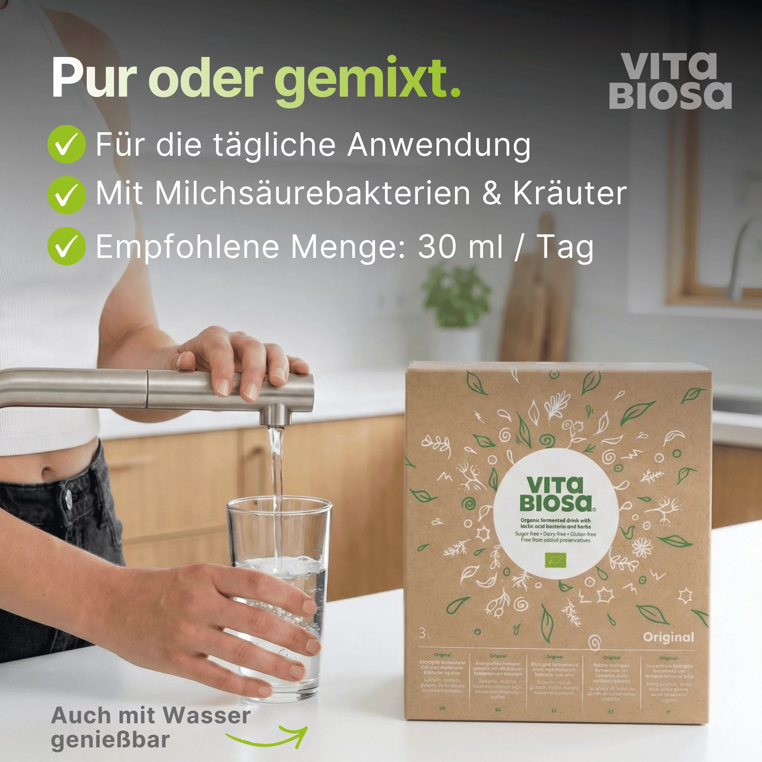 Vita Biosa Original 3L Bag-in-Box Milchsaeurebakterien kaufen Anwendung, Kastenverpackung, Wasserhahn, Glas, Kartonbox, Original
