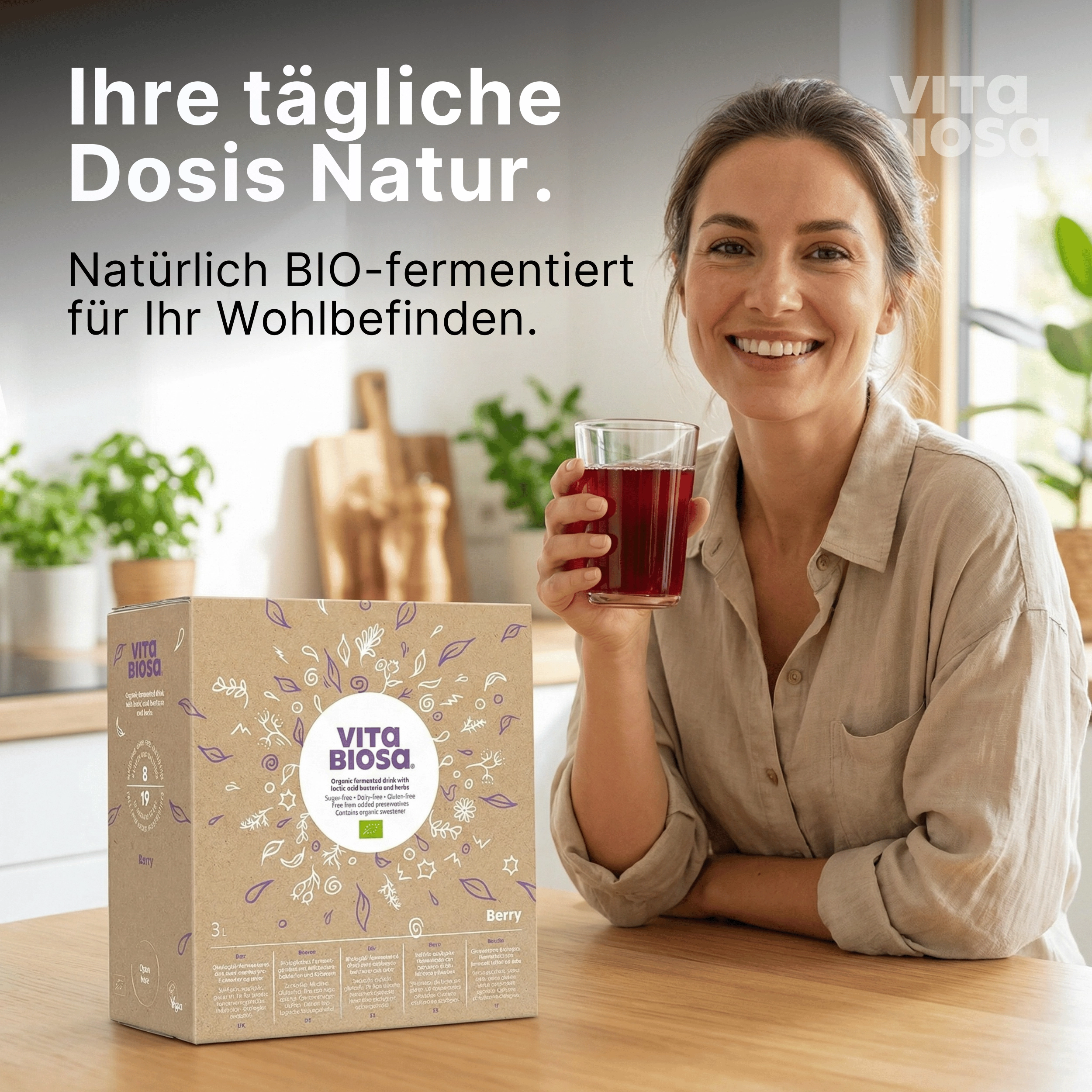 Vita_Biosa_Ingwer_mit_Vitamin-C_3L_Bag-in-Box_Milchsaeurebakterien_kaufen_Frau, Box, Beere, Saft, Fermentiert, Bio
