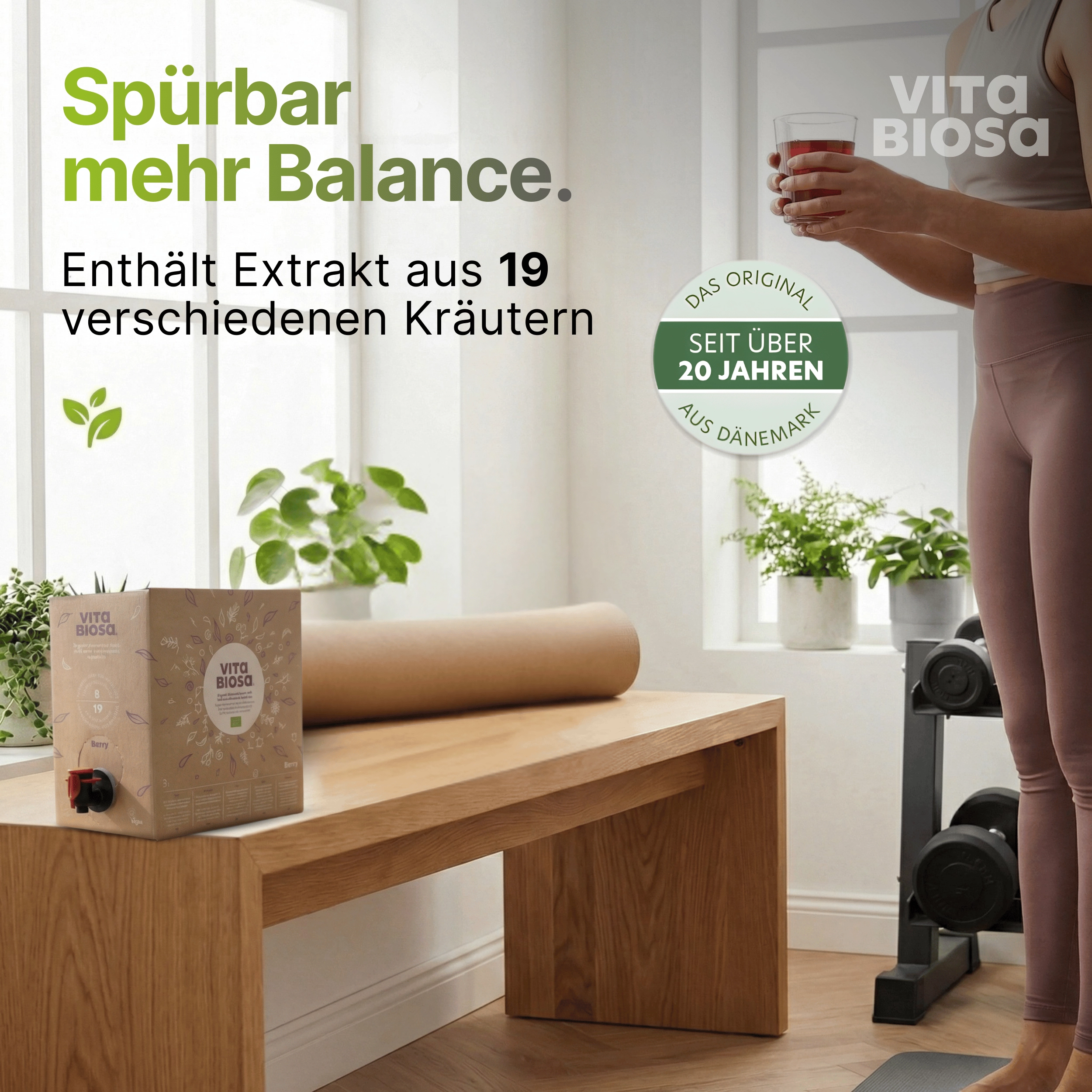 Vita_Biosa_Ingwer_mit_Vitamin-C_3L_Bag-in-Box_Milchsaeurebakterien_kaufen_Balance, Kraftgerät, Kräuterextrakt, Fitness-Setup, Wohnzimmer-Workout, Pflanzen