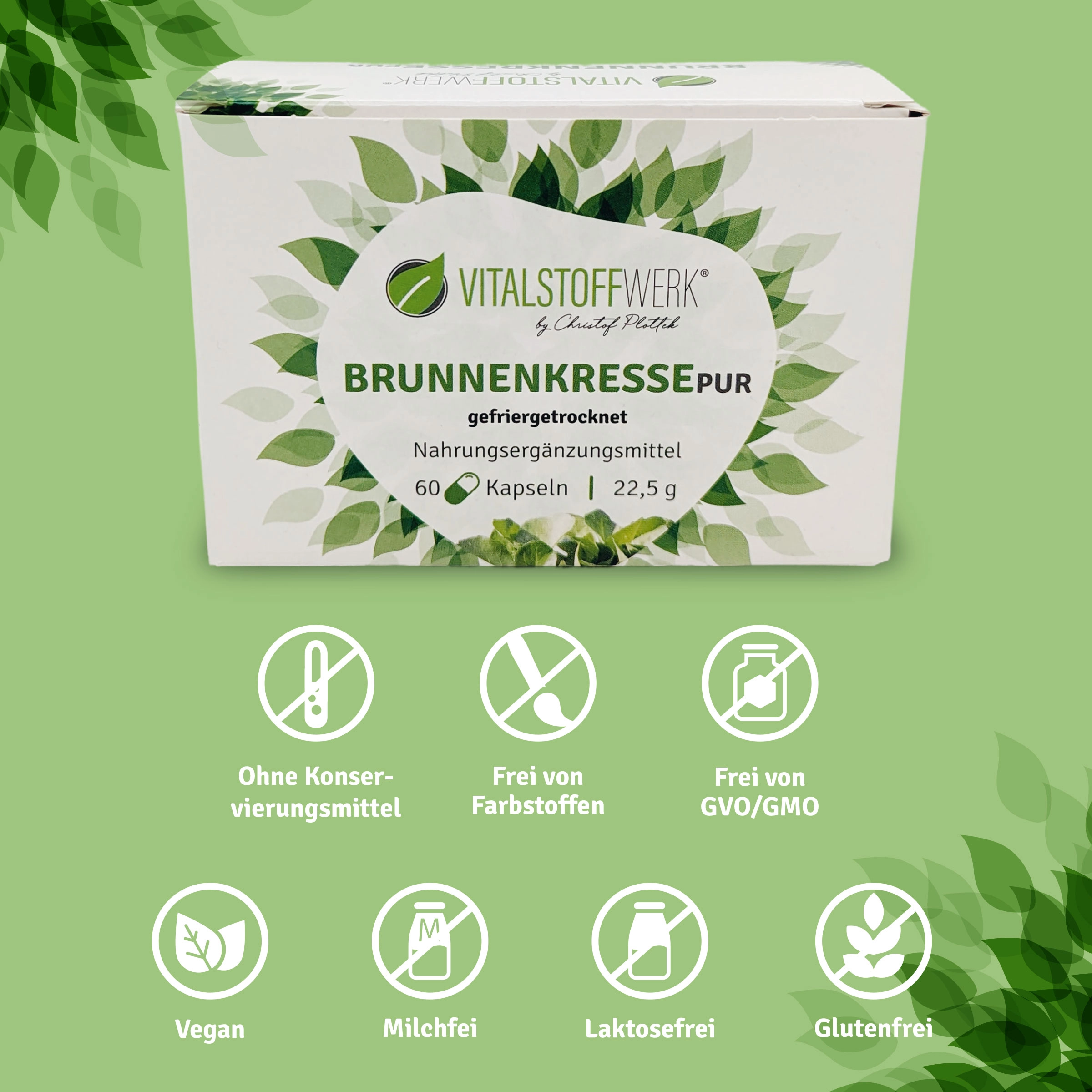 Brunnenkresse_Kapseln_3+1_kaufen_Vorteile, Kapseln, Nahrungsergänzung, Brunnenkresse, geferigretrocknet, Vitalstoffwerk, Kapseln, Nahrungsergänzung, Brunnenkresse, gefriertrocknet, Vitalstoffwerk