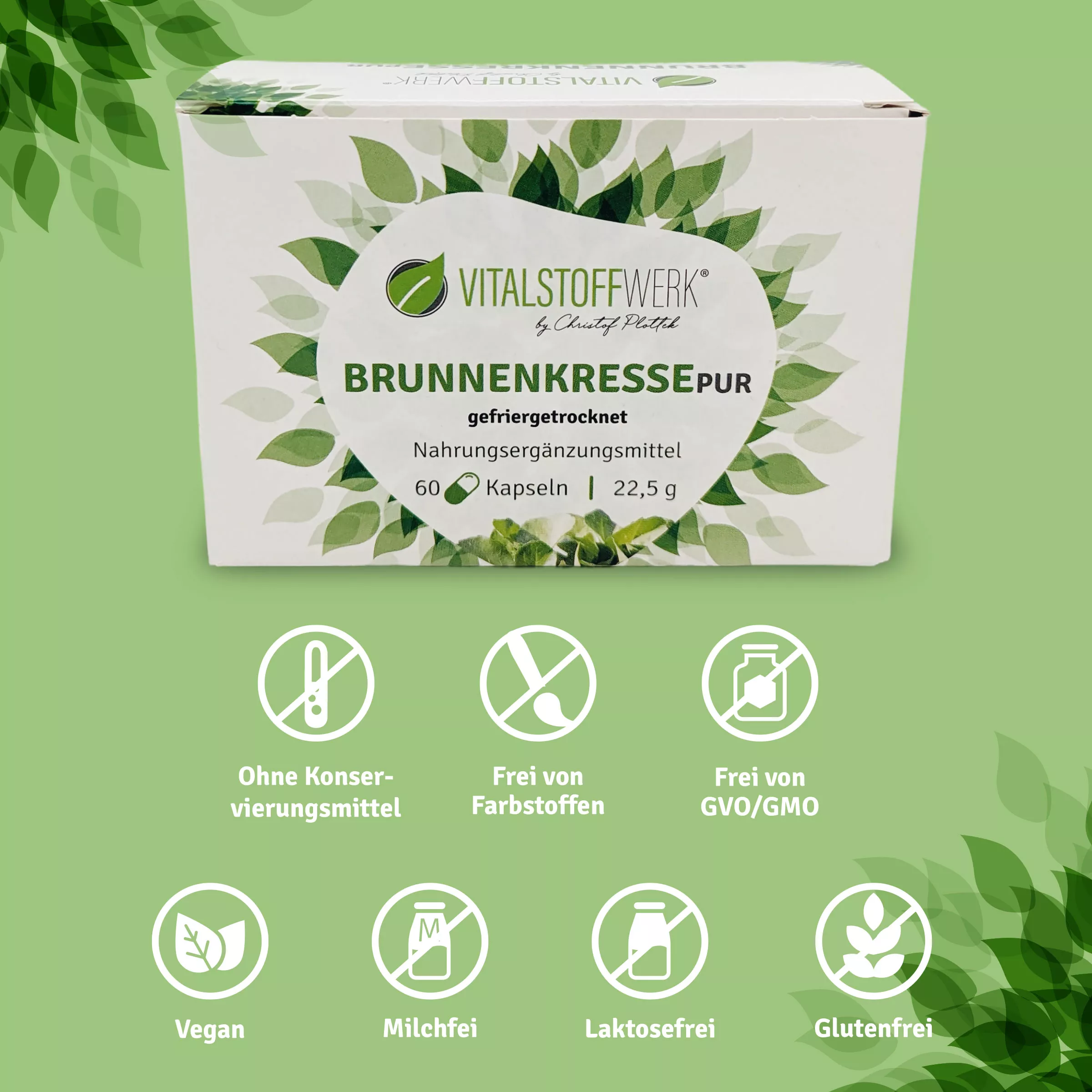 Brunnenkresse_Kapseln_3+1_kaufen_Vorteile, Kapseln, Nahrungsergänzung, Brunnenkresse, geferigretrocknet, Vitalstoffwerk, Kapseln, Nahrungsergänzung, Brunnenkresse, gefriertrocknet, Vitalstoffwerk