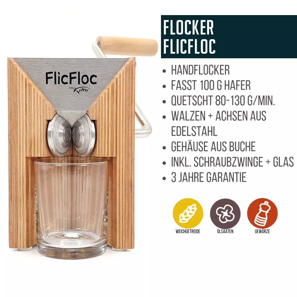 Flockenquetsche FlicFloc kaufen KoMo Flockenquetsche FlicFloc kaufen KoMo, Pokal, Besteck, Löffel, Flasche, Werbung