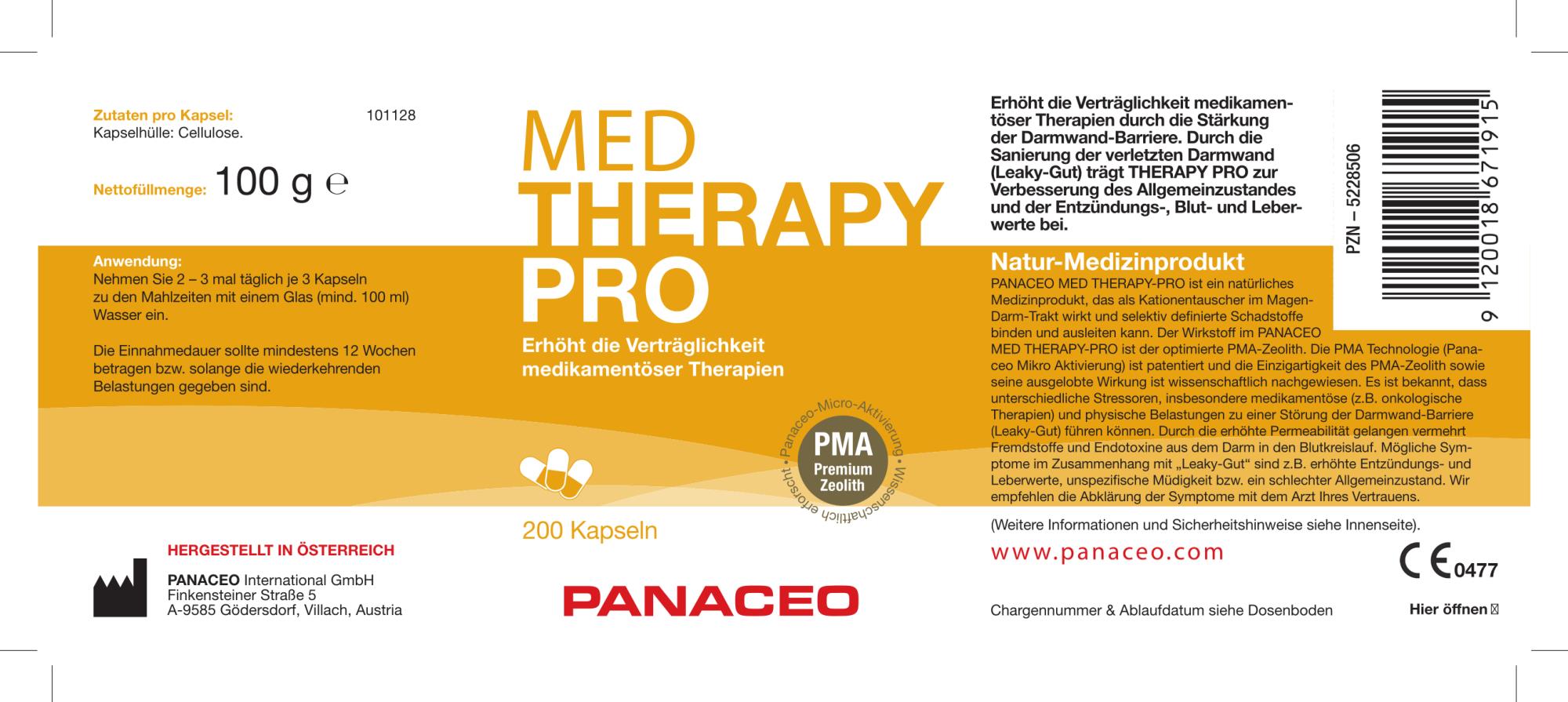 Zeolith_Pulver_kaufen_Panaceo_MED-THERAPY-PRO_200_Kapseln_Etikett_Seite1