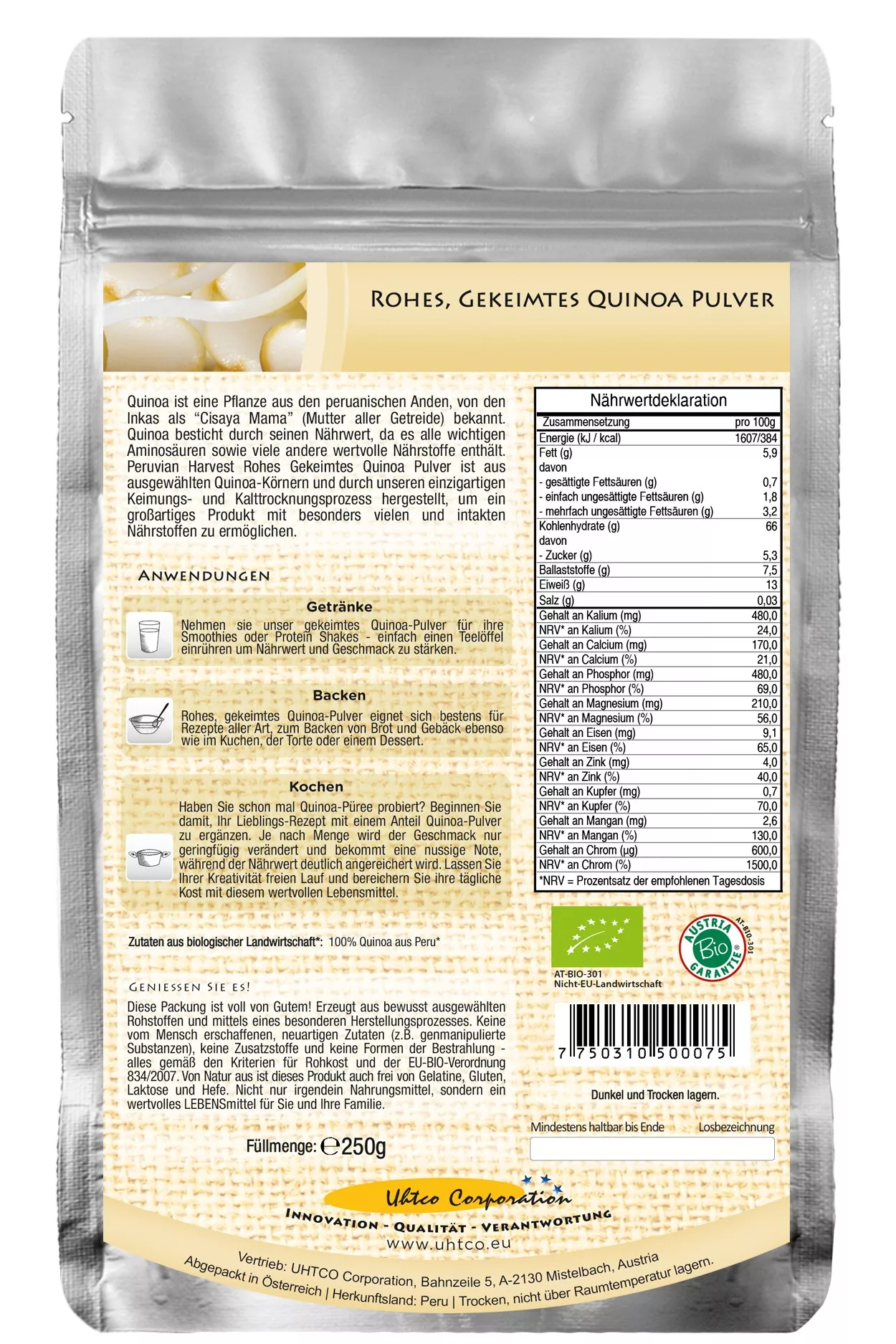 Quinoa Pulver 250g roh & gekeimt, bio