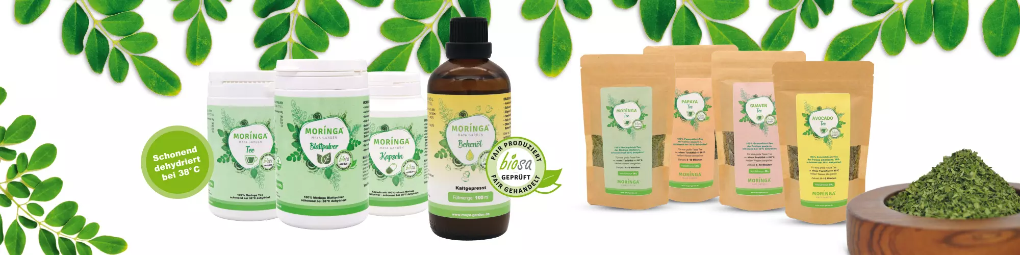 Moringa-Maya-Garden-Banner-Pulver-Kapseln-Tee-oel