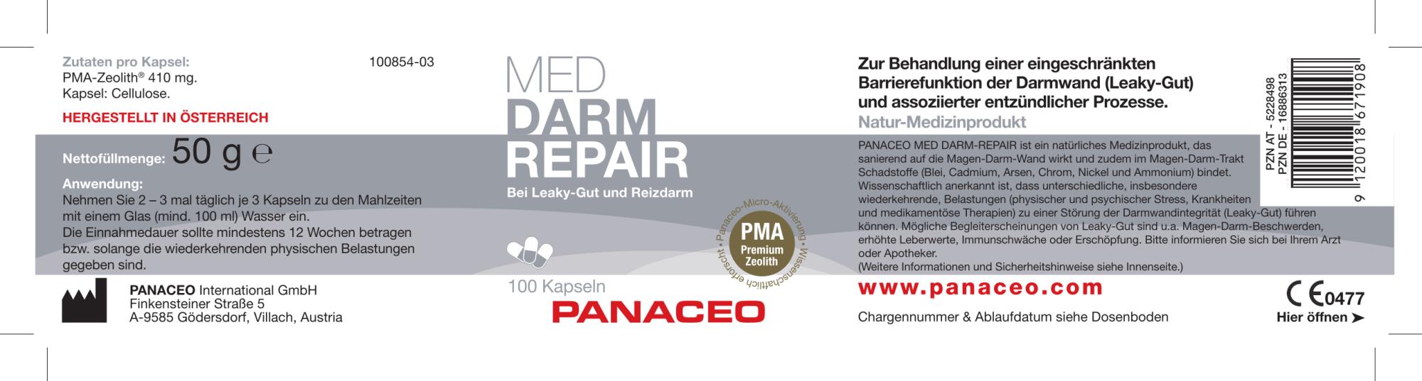 Zeolith_Pulver_Kaufen_PZN5228512_Panaceo_MED_Darm_Repair_Kapseln_100_Etikett_Seite1
