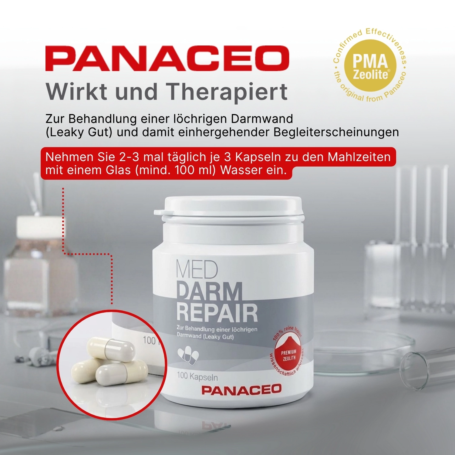 Zeolith_Pulver_Kaufen_PZN5228512_Panaceo_MED_Darm_Repair_Kapseln_100_wirkt, Kapseln, Medikament, Darmgesundheit, Leaky Gut, Nahrungsergänzung