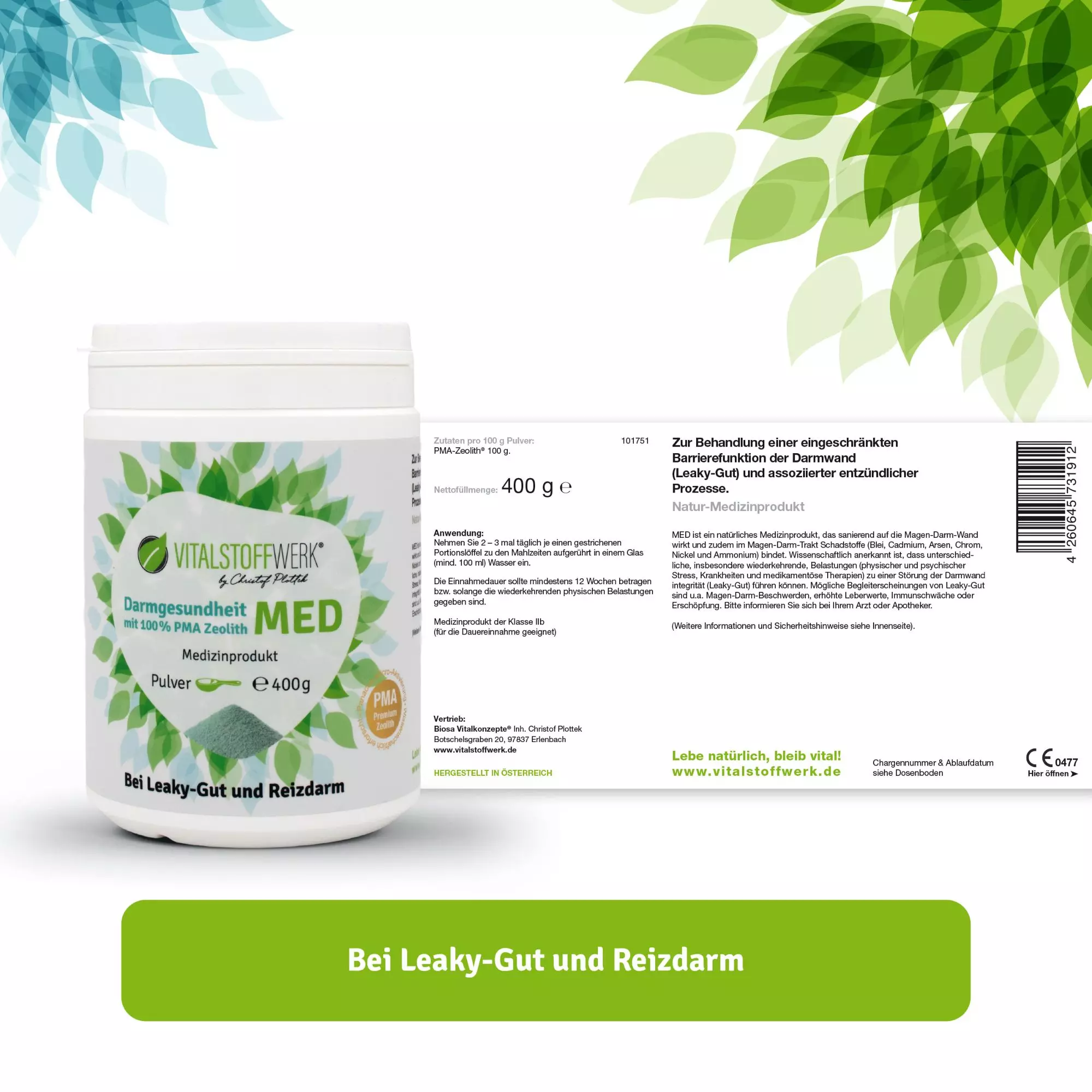 Zeolith_Pulver_kaufen_Darmgesundheit_Vitalstoffwerk_MED_400g_Etikett, Kräuterig, Kräuter, Pflanze, Werbung