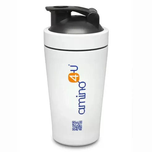 amino4u-shaker-Metallbecher_Front, Trinkflasche, Sportflasche, Schraubverschluss, Kunststoff, weiß